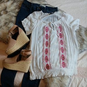 Boho White With Pink Embroidery Lightweight Top